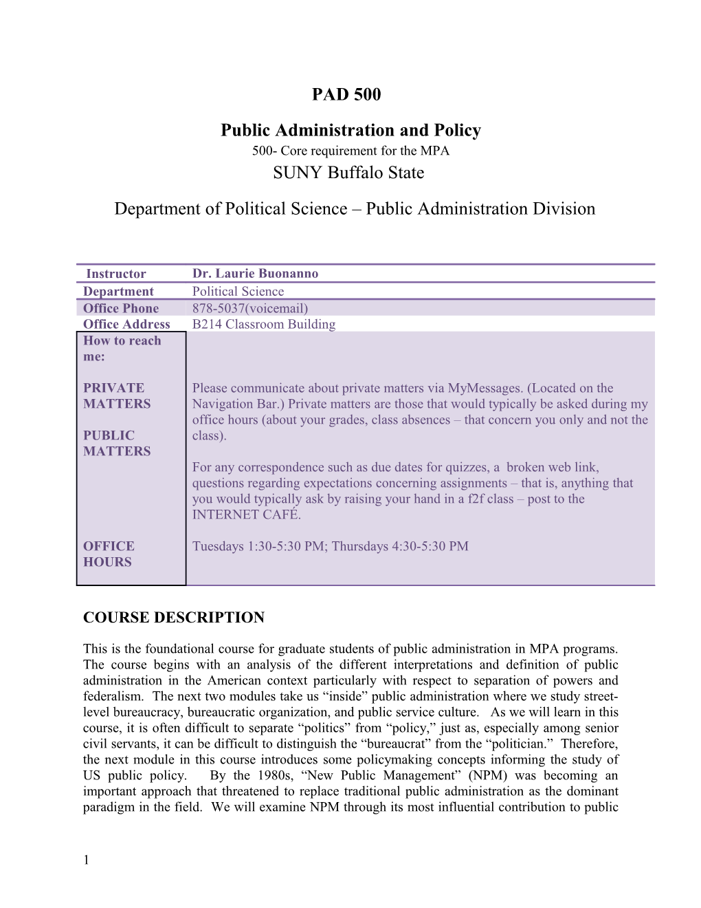 Department of Political Science Public Administration Division