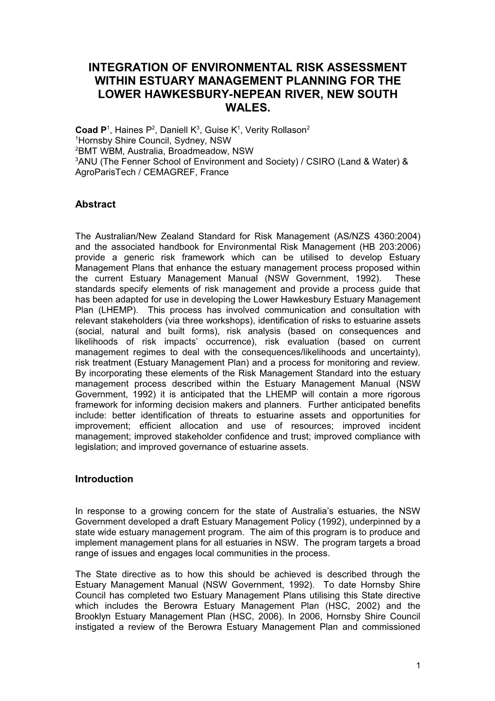 Integration of Environmental Risk Assessment Within Estuary Management Planning for The