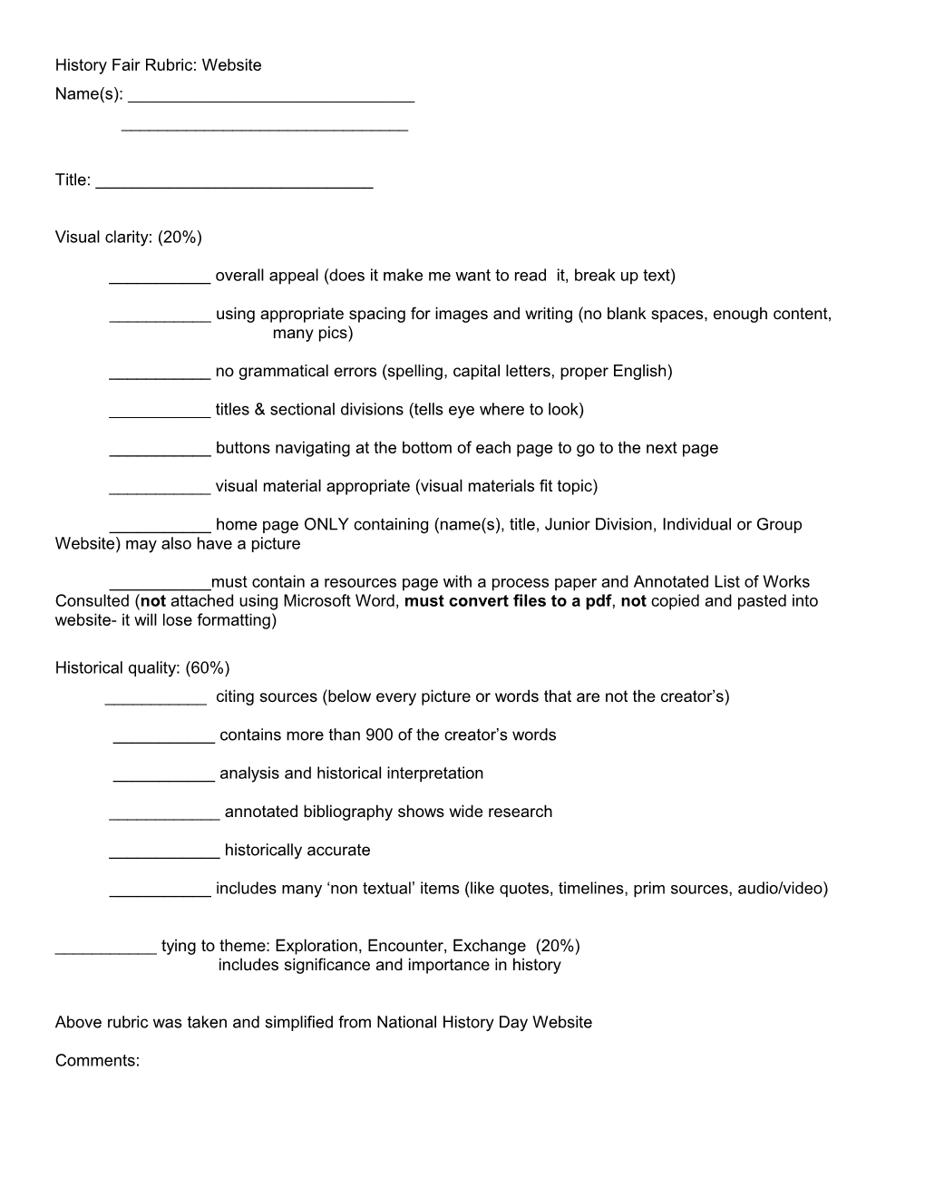 History Fair Rubric: Exhibit