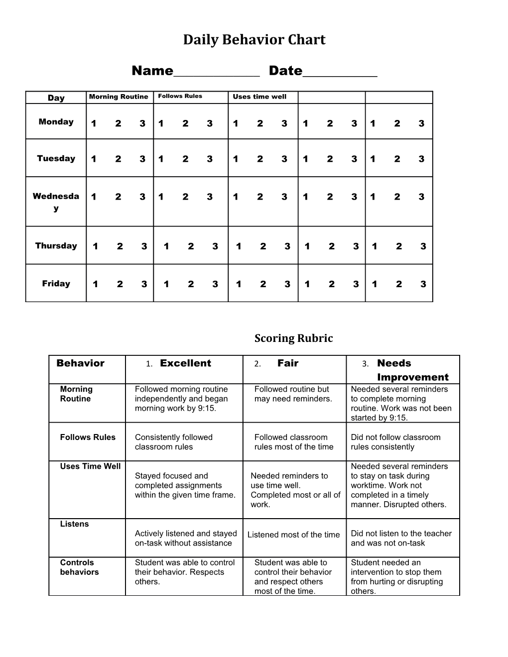 Daily Behavior Chart