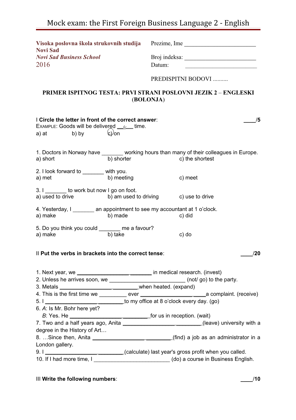 Mock Exam: the First Foreign Business Language 2 - English