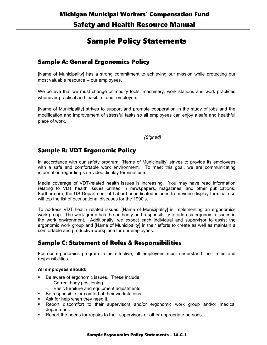 Sample Ergonomic Policy Statements