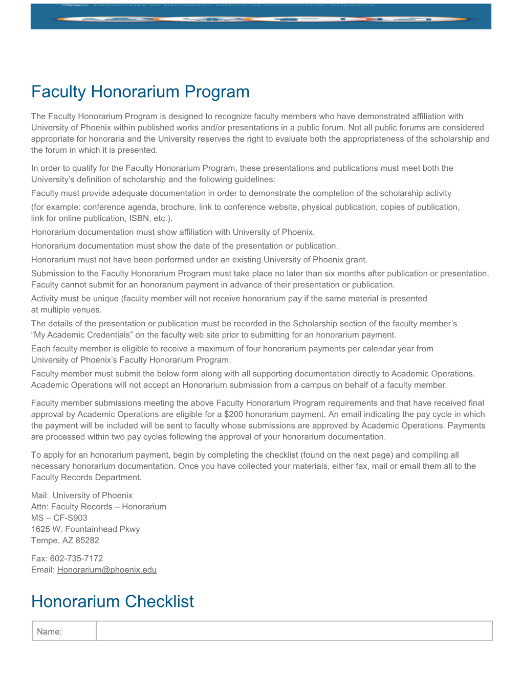 Faculty Honorarium Program