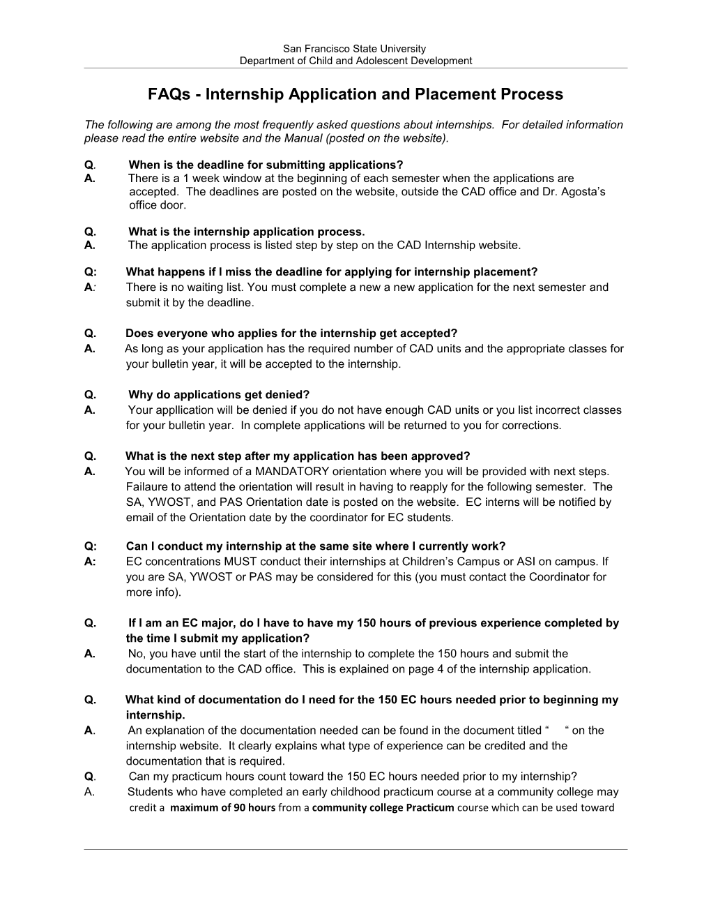 Faqs - Internship Application and Placement Process