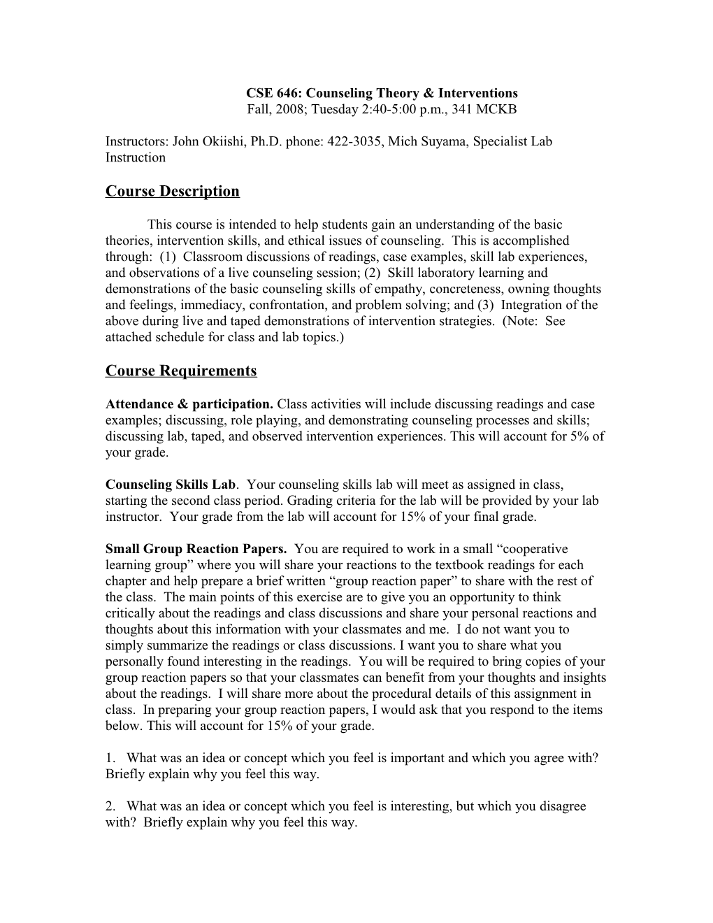 CSE 646: Counseling Theory & Interventions