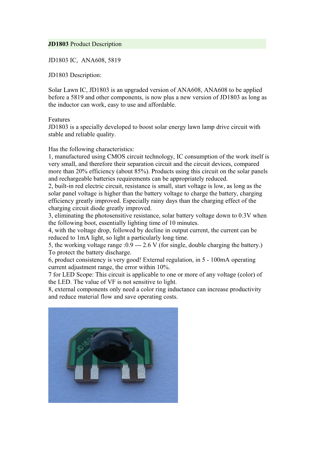 Solar Lawn IC, JD1803 Is an Upgraded Version of ANA608, ANA608 to Be Applied Before a 5819