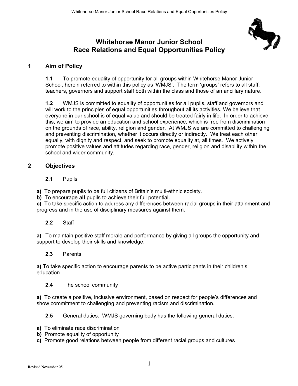 Race Relations and Equal Opportunities Policy