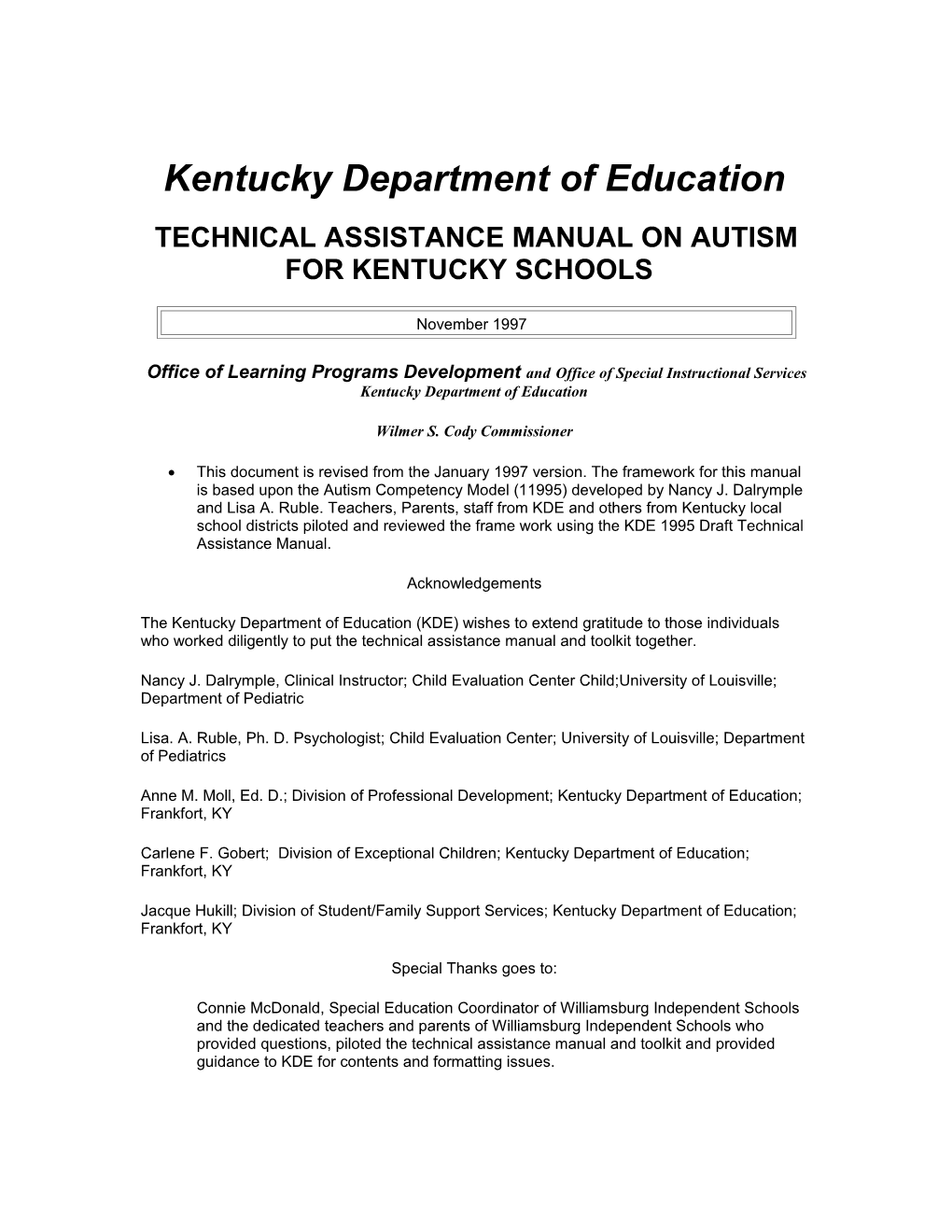 Technical Assistance Manual on Autism for Kentucky Schools