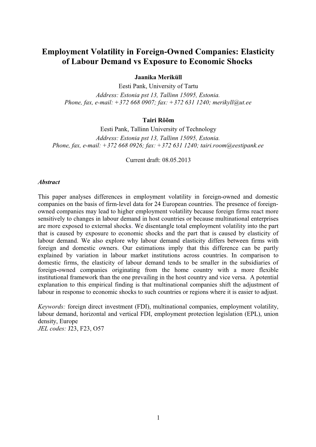 FDI and Host Country Employment Volatility