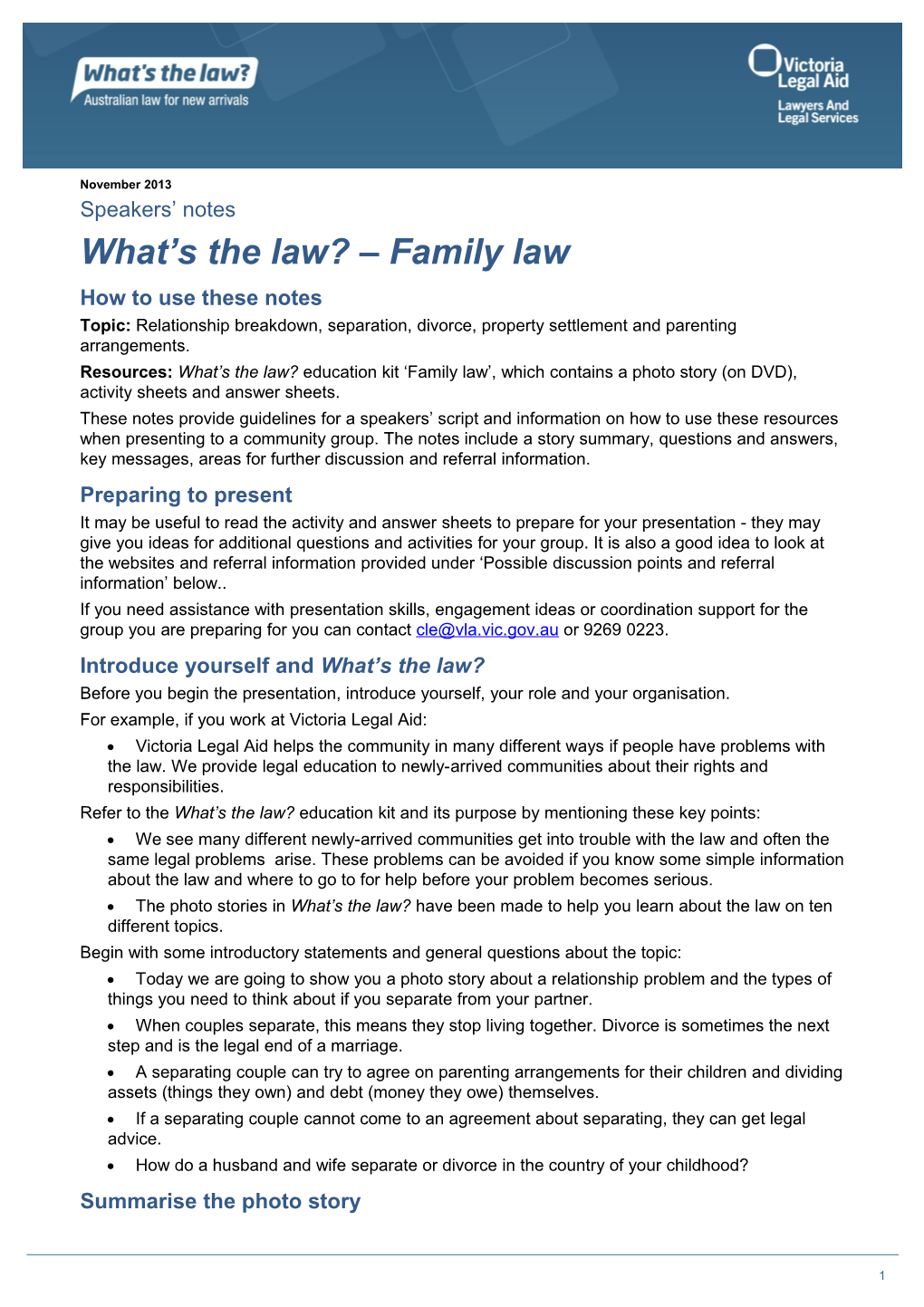 Speakers' Notes What's the Law Family Law