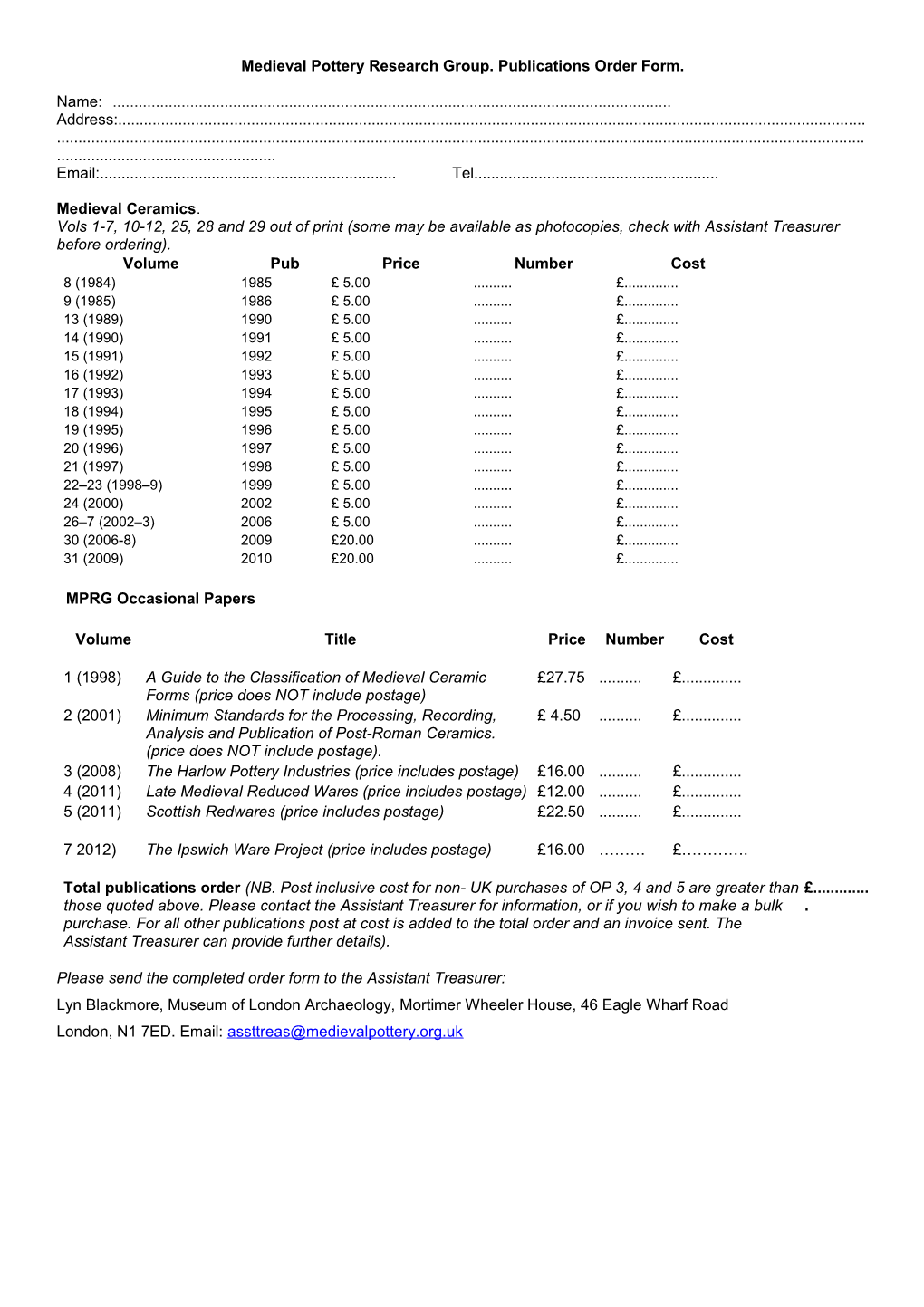Medieval Pottery Research Group. Publications Order Form