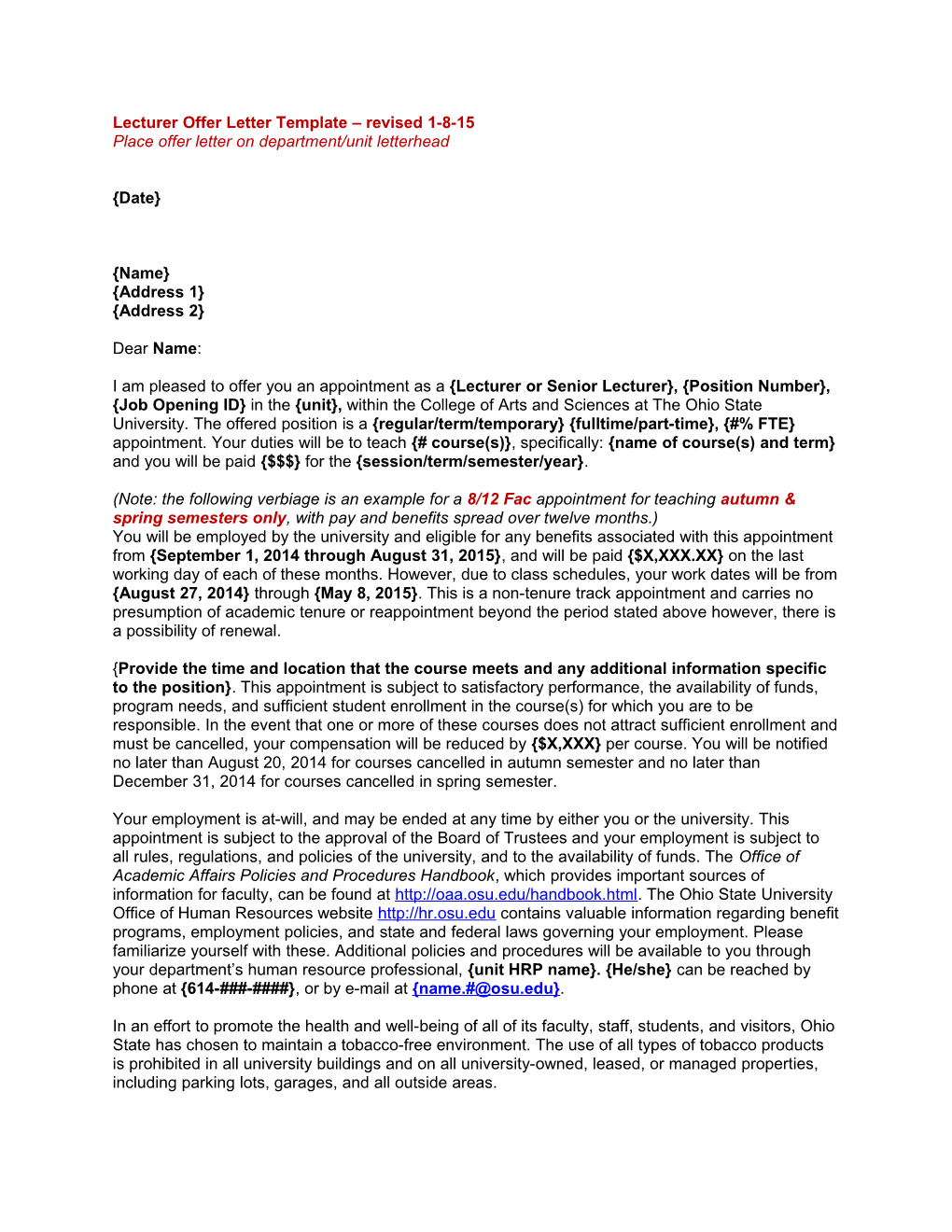 Lecturer Offer Letter Template Revised 1-8-15