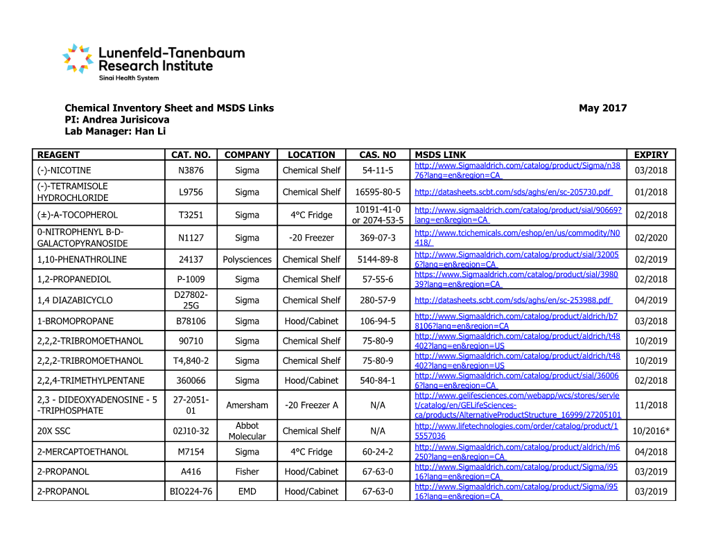 Chemical Inventory Sheet