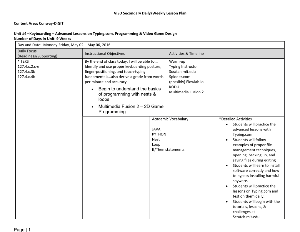 VISD Secondary Daily/Weekly Lesson Plan