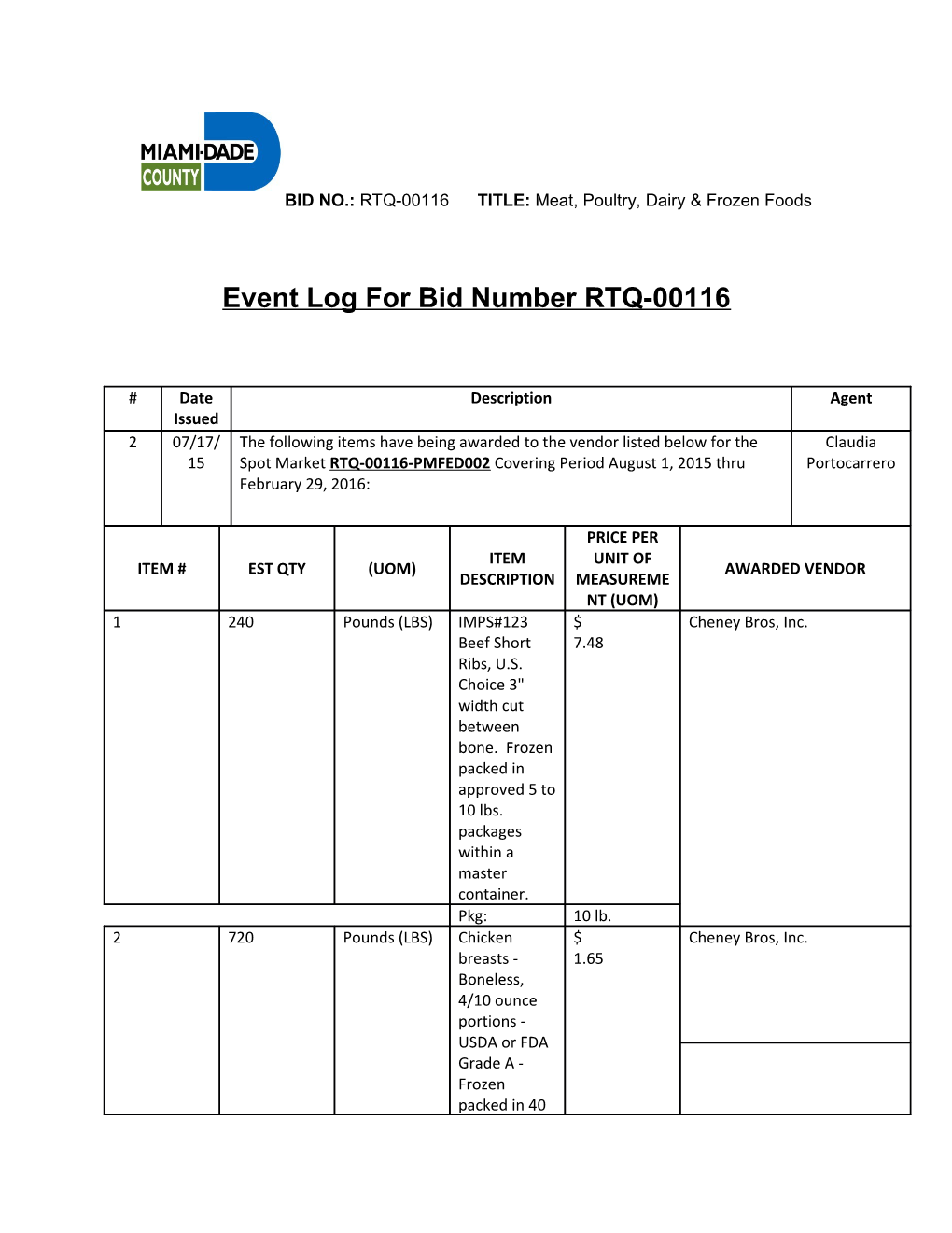 Event Log for Bid Number RTQ-00116