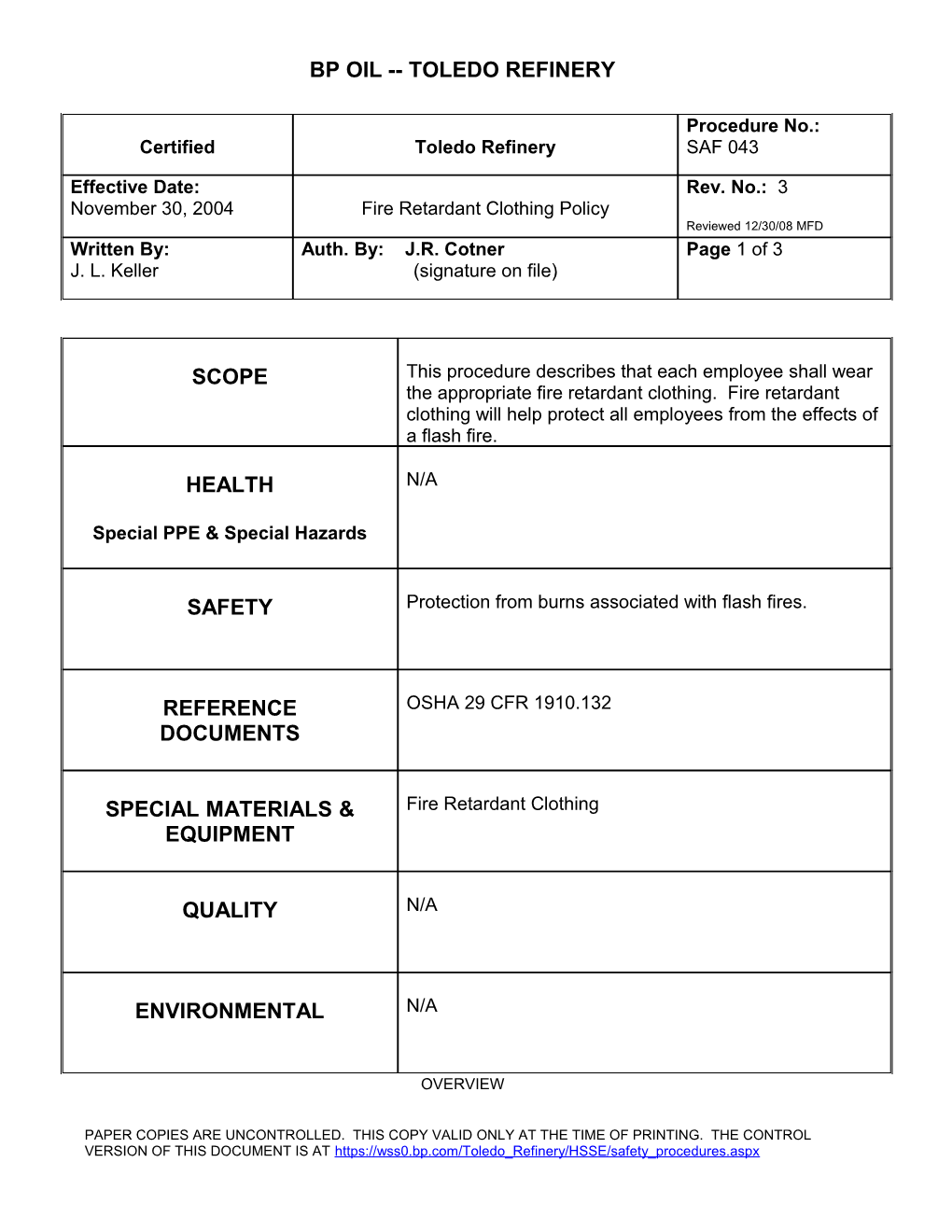 Procedure No. SAF 043 Rev. No. 3