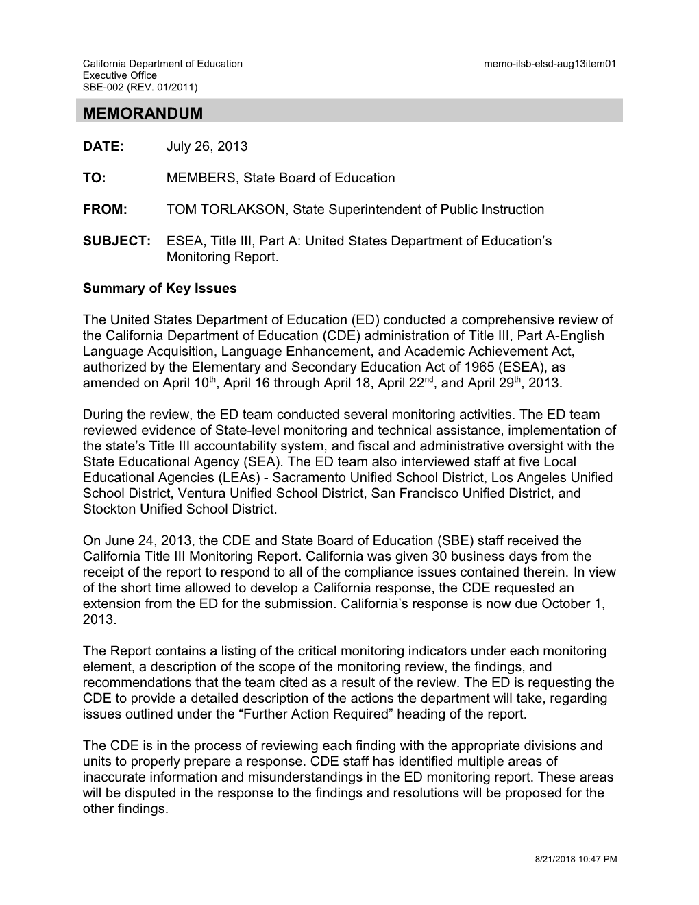 August 2013 Memorandum ILSB ELSD Item 01 - Information Memorandum (CA State Board of Education)