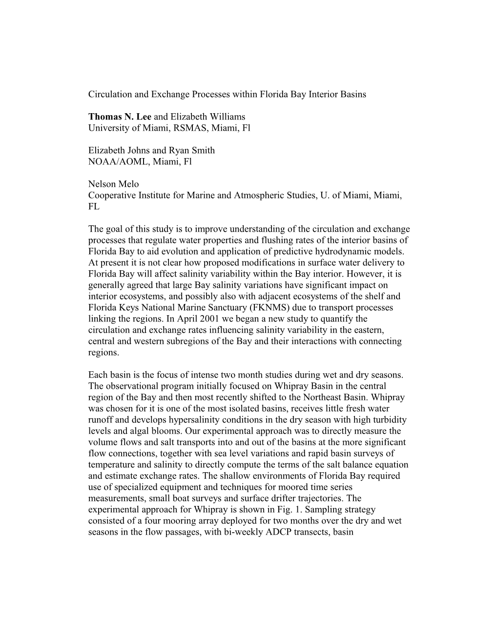 Circulation and Exchange Processes Within Florida Bay Inner Basins