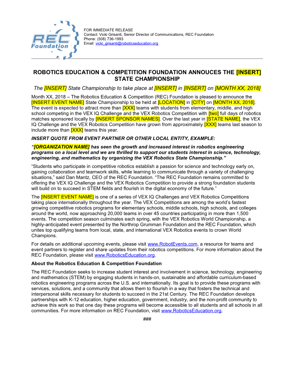 Robotics Education & Competition Foundation Annouces the Insert State Championship