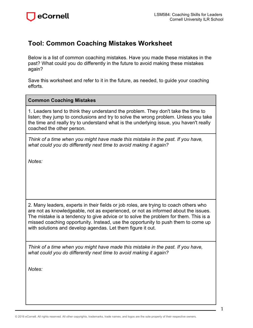 Tool: Common Coaching Mistakes Worksheet