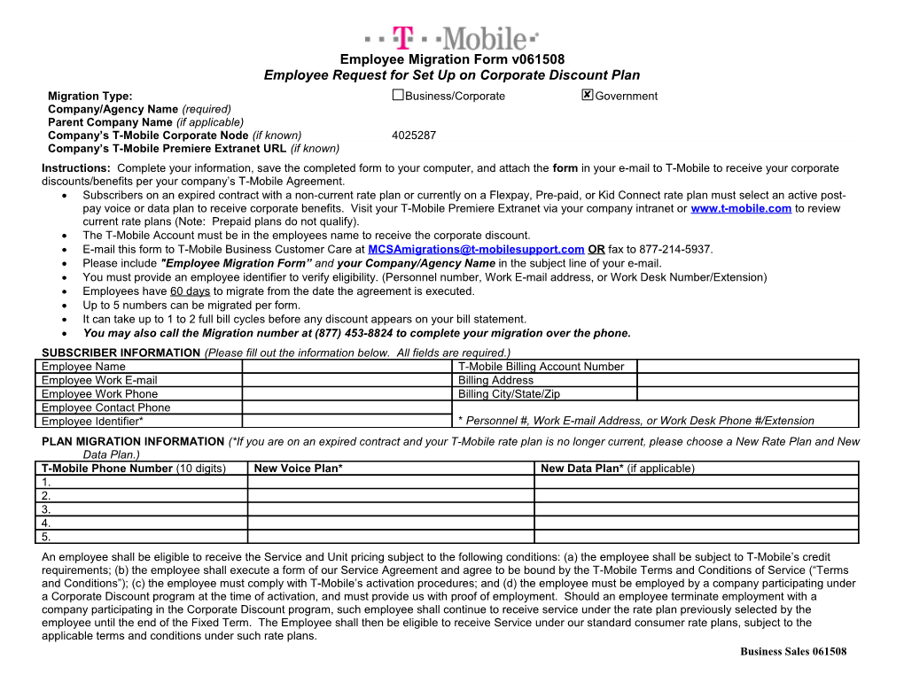 Employee Request for Set up on Corporate Discount Plan