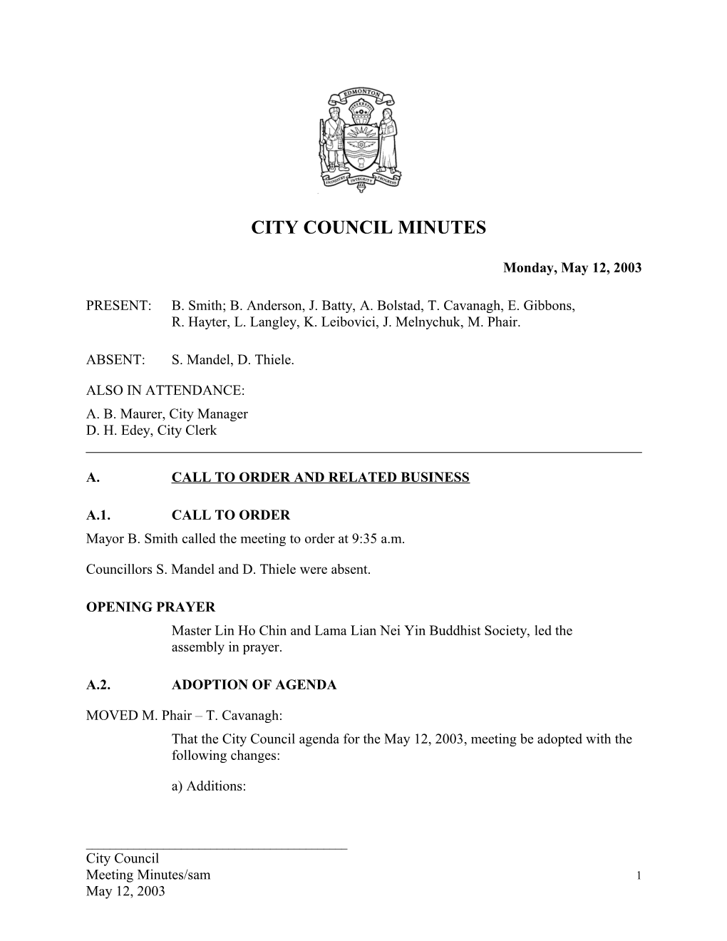 Minutes for City Council May 12, 2003 Meeting