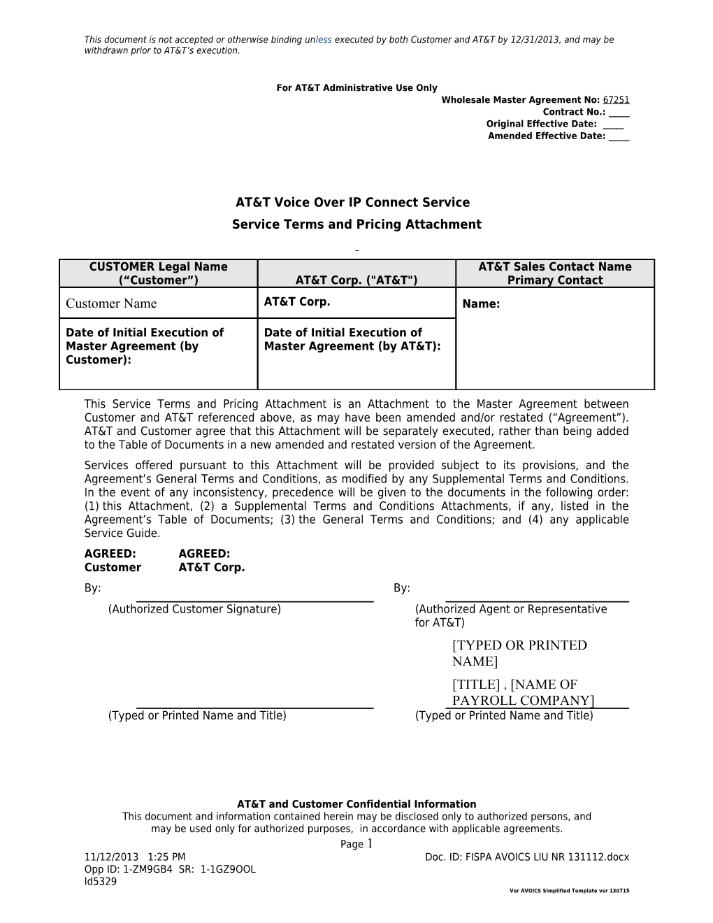 AT&T Network Connection Service Terms and Pricing Attachment