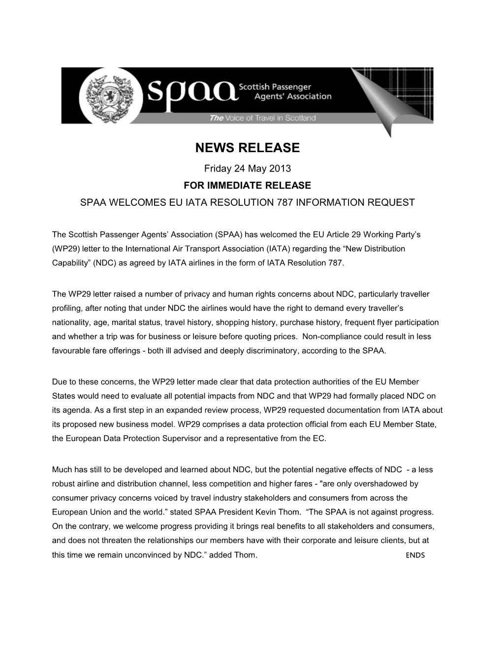 230513 News Release SPAA IATA NDC