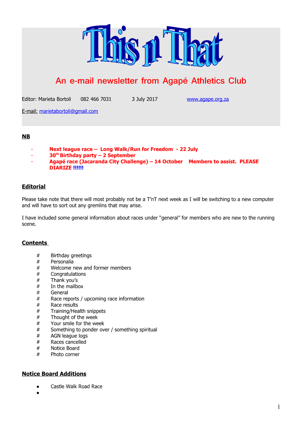 An E-Mail Newsletter from Agapé Athletics Club s1