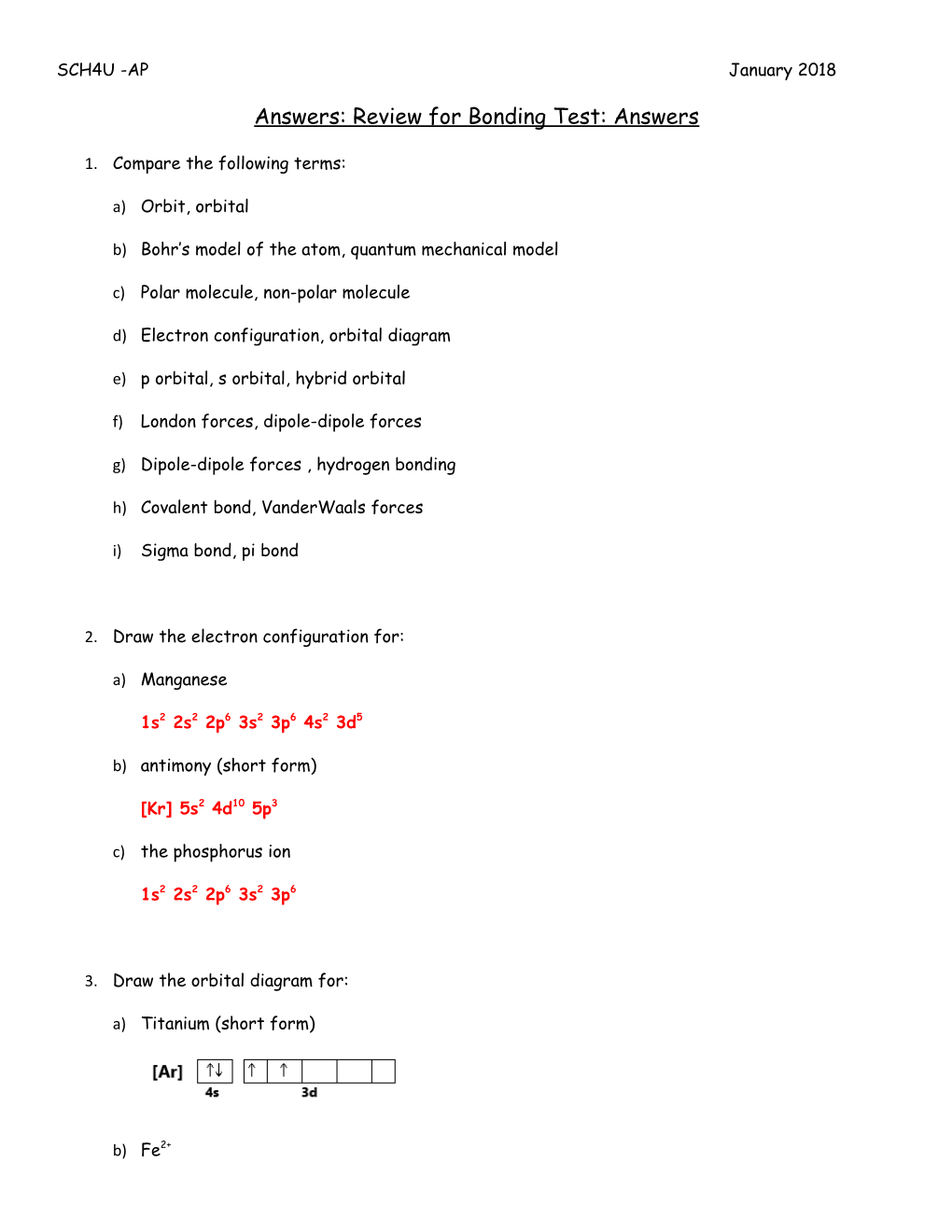 Answers: Review for Bonding Test: Answers