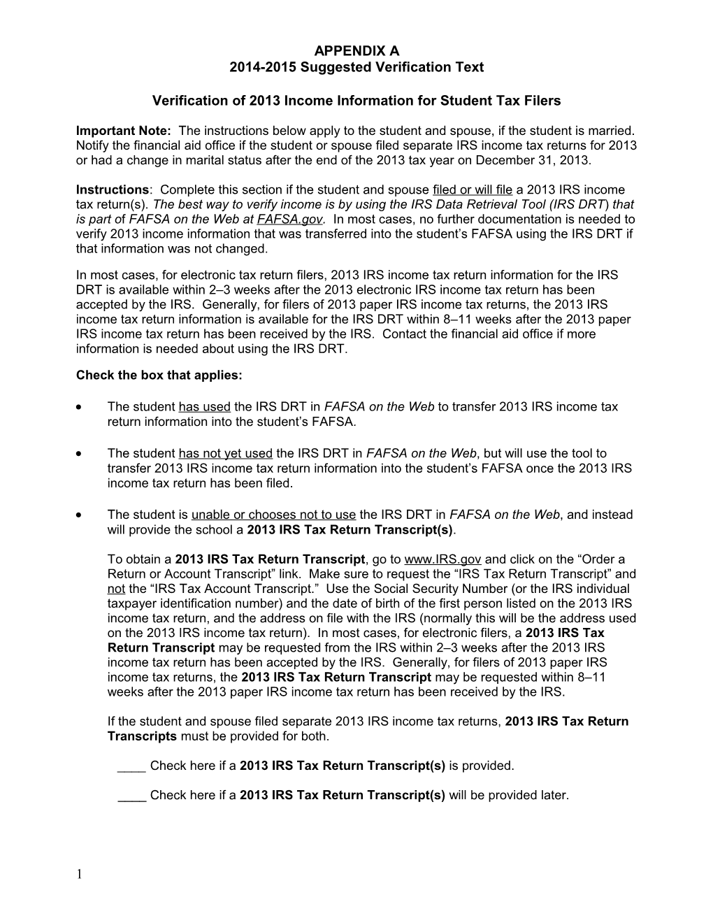 Verification of 2013Income Information for Student Tax Filers