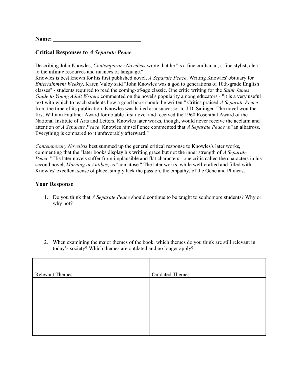 Critical Responses to a Separate Peace