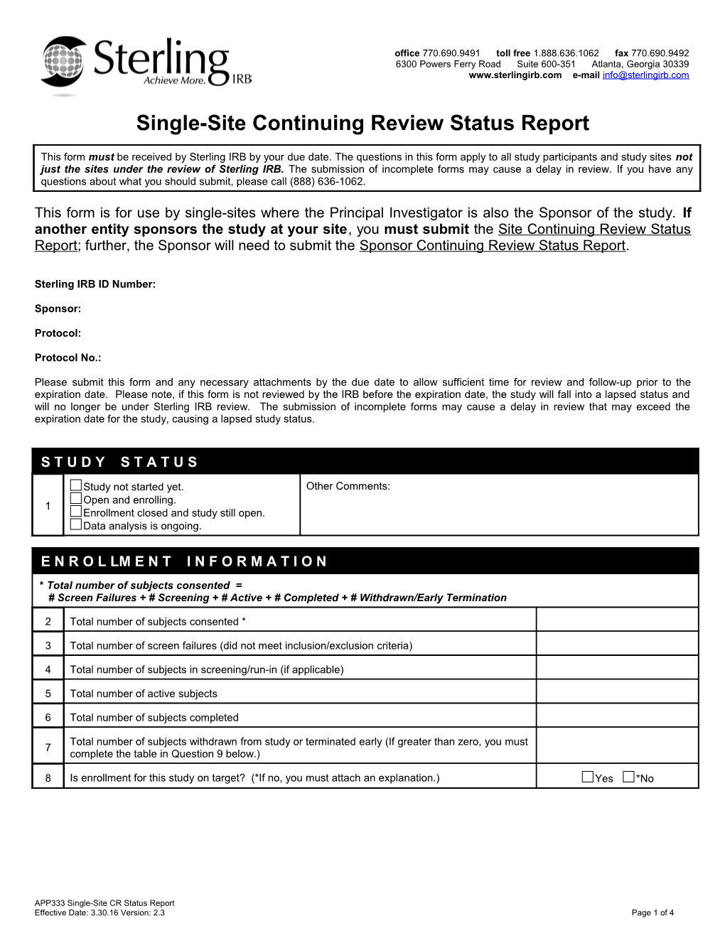 Site Continuing Review Status Report