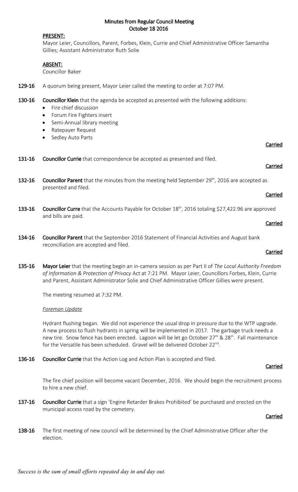 The Regular Meeting of the Council of the Village of Sedley, Saskatchewan Was Held in The