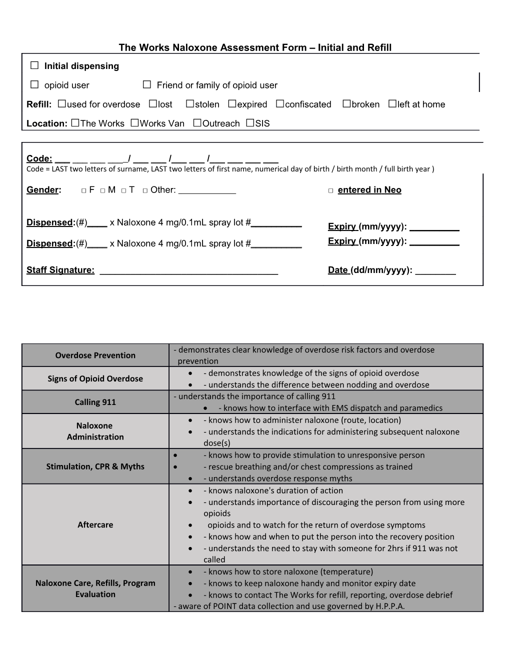 The Works Naloxone Assessment Form Initial and Refill