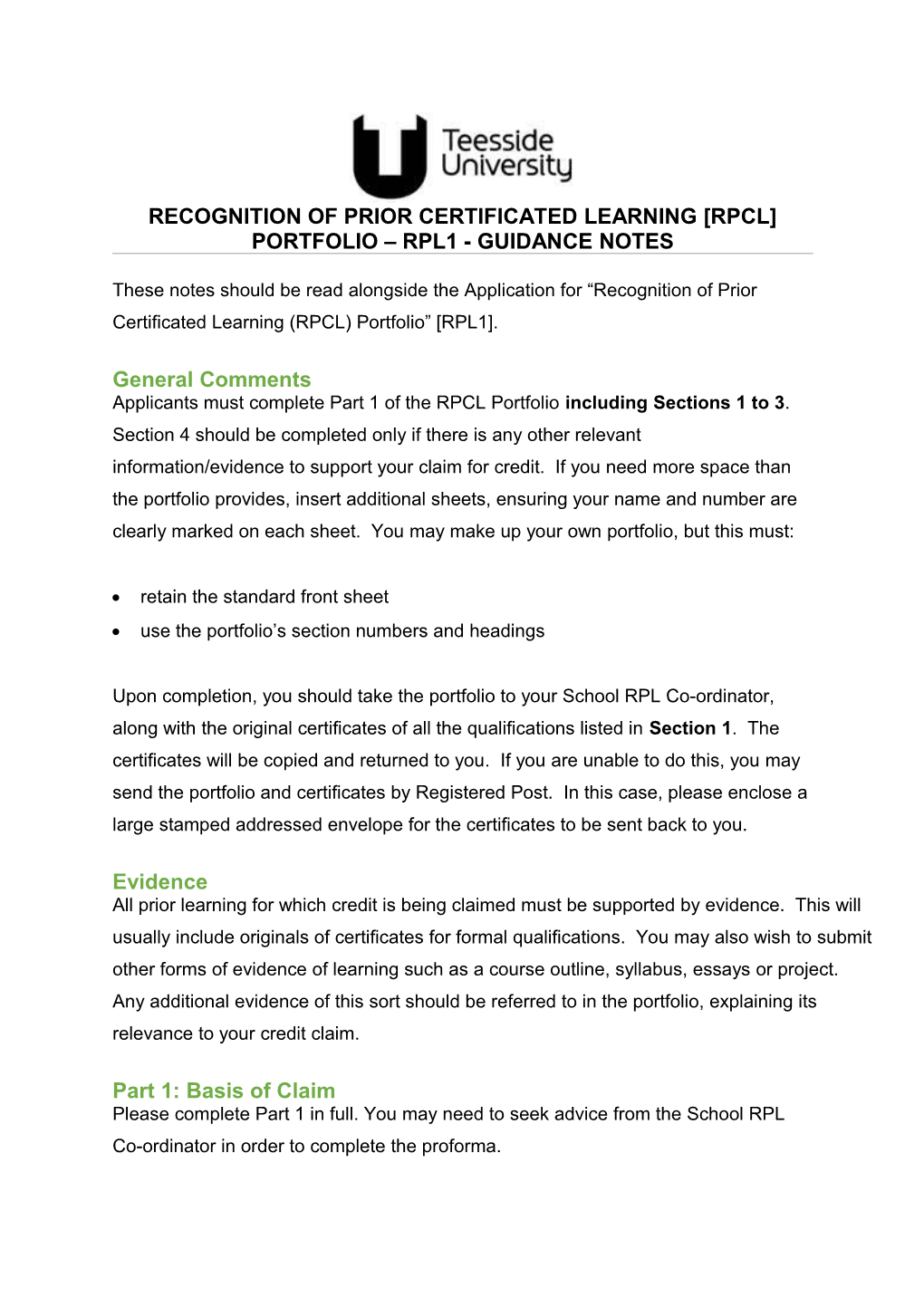 Recognition of Prior Certificated Learning Rpcl Portfolio Rpl1 - Guidance Notes