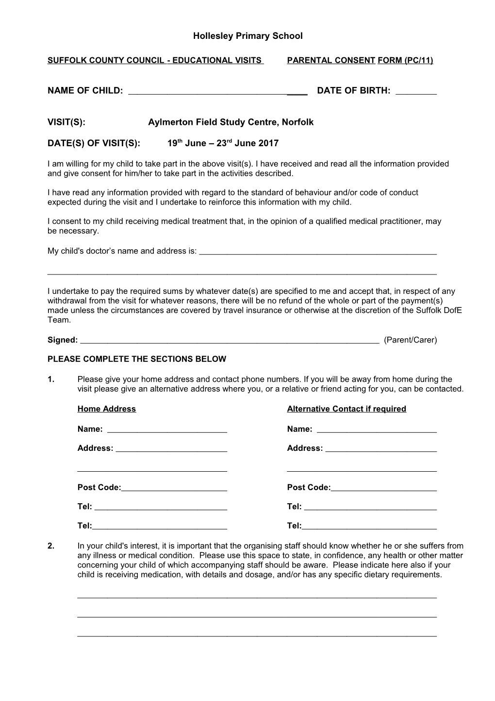 Suffolk County Council - Educational Visits Parental Consent Form (Pc/11)