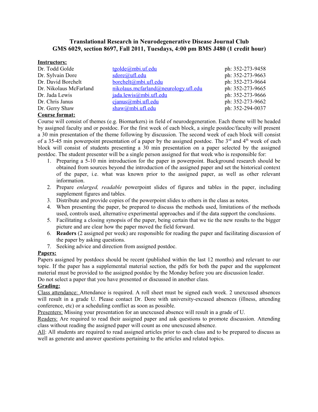 Translational Research in Neurodegenerative Disease Journal Club