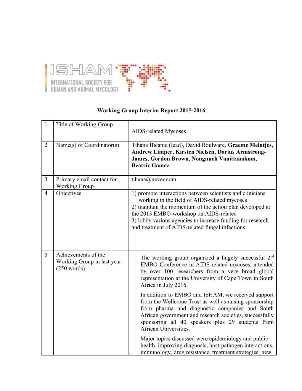 Interim Report of the Working Groups Under ISHAM