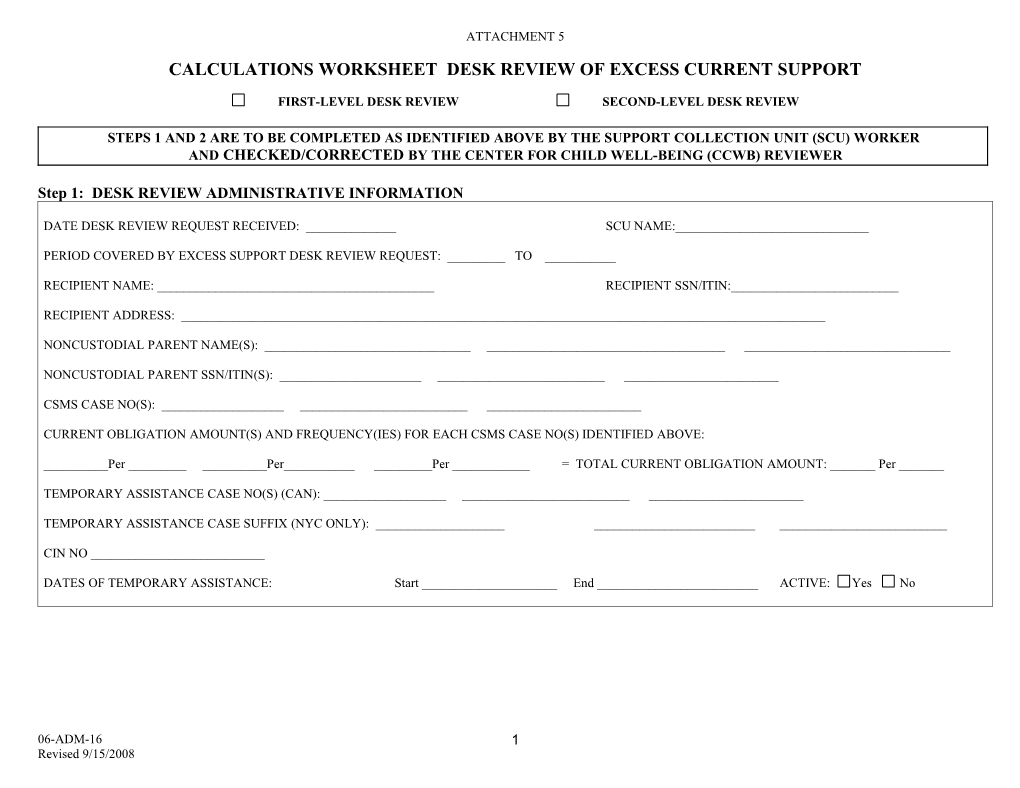 Calculations Worksheet Desk Review of Excess Current Support