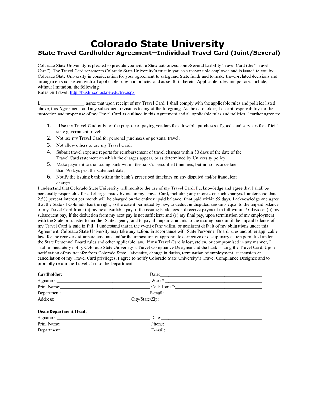 State Travel Cardholder Agreement Individual Travel Card (Joint/Several)
