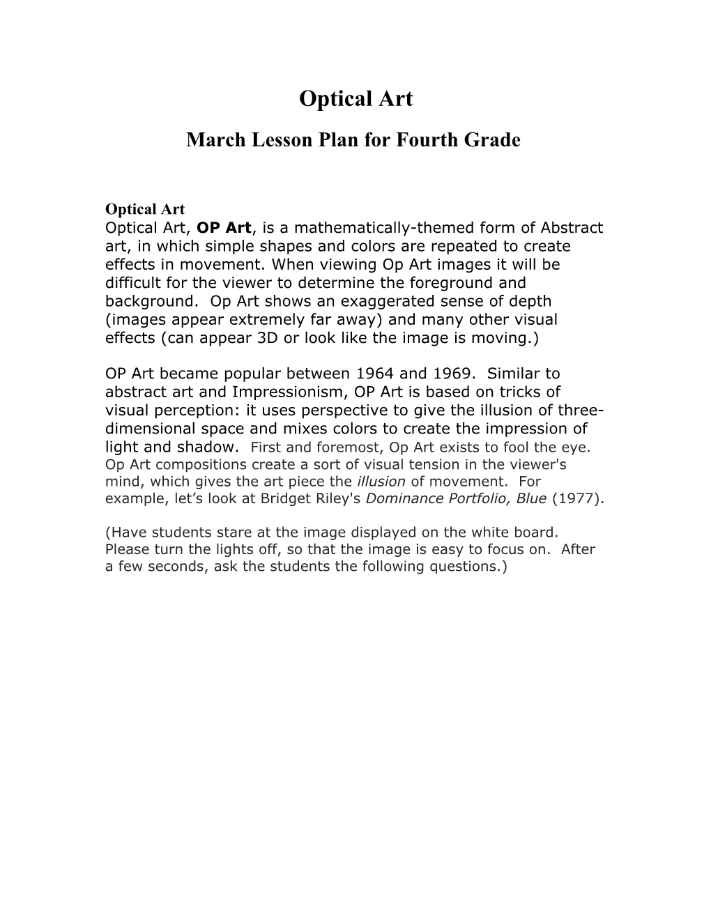 March Lesson Plan for Fourth Grade