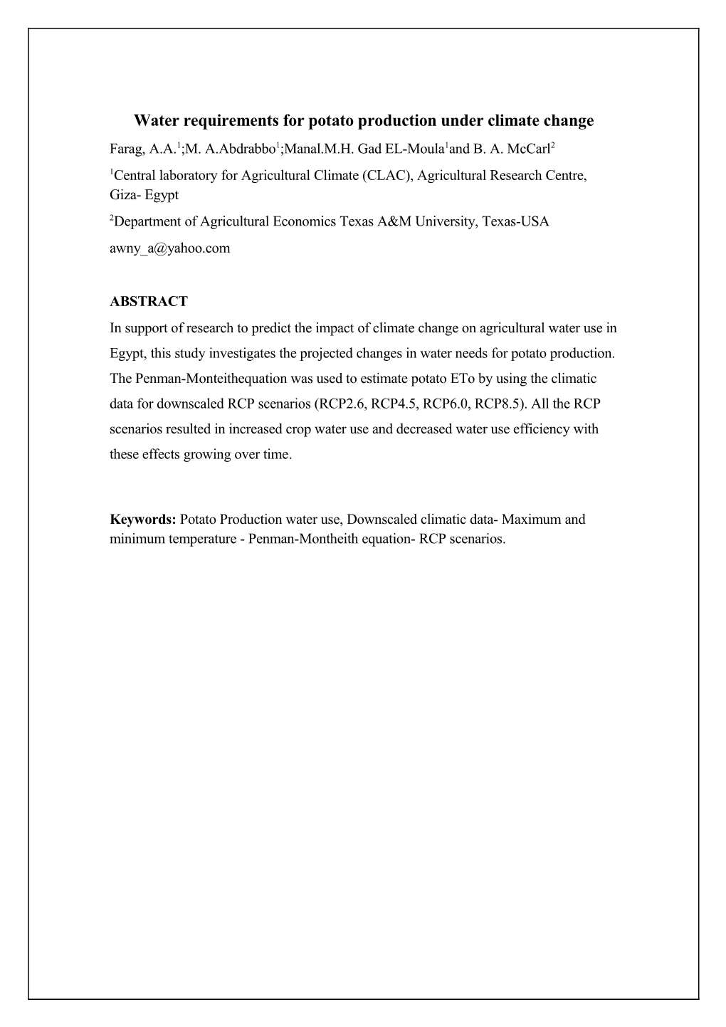 Water Requirements for Potato Production Under Climate Change