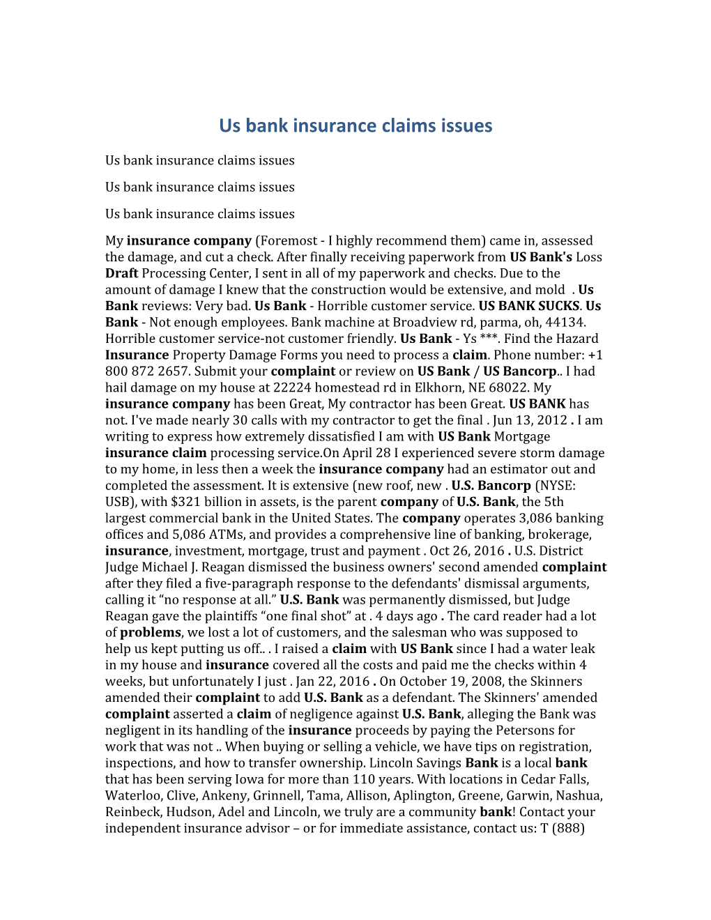 Us Bank Insurance Claims Issues
