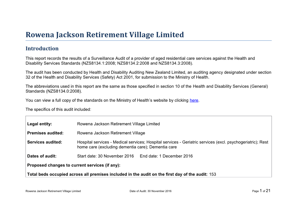 Rowena Jackson Retirement Village Limited