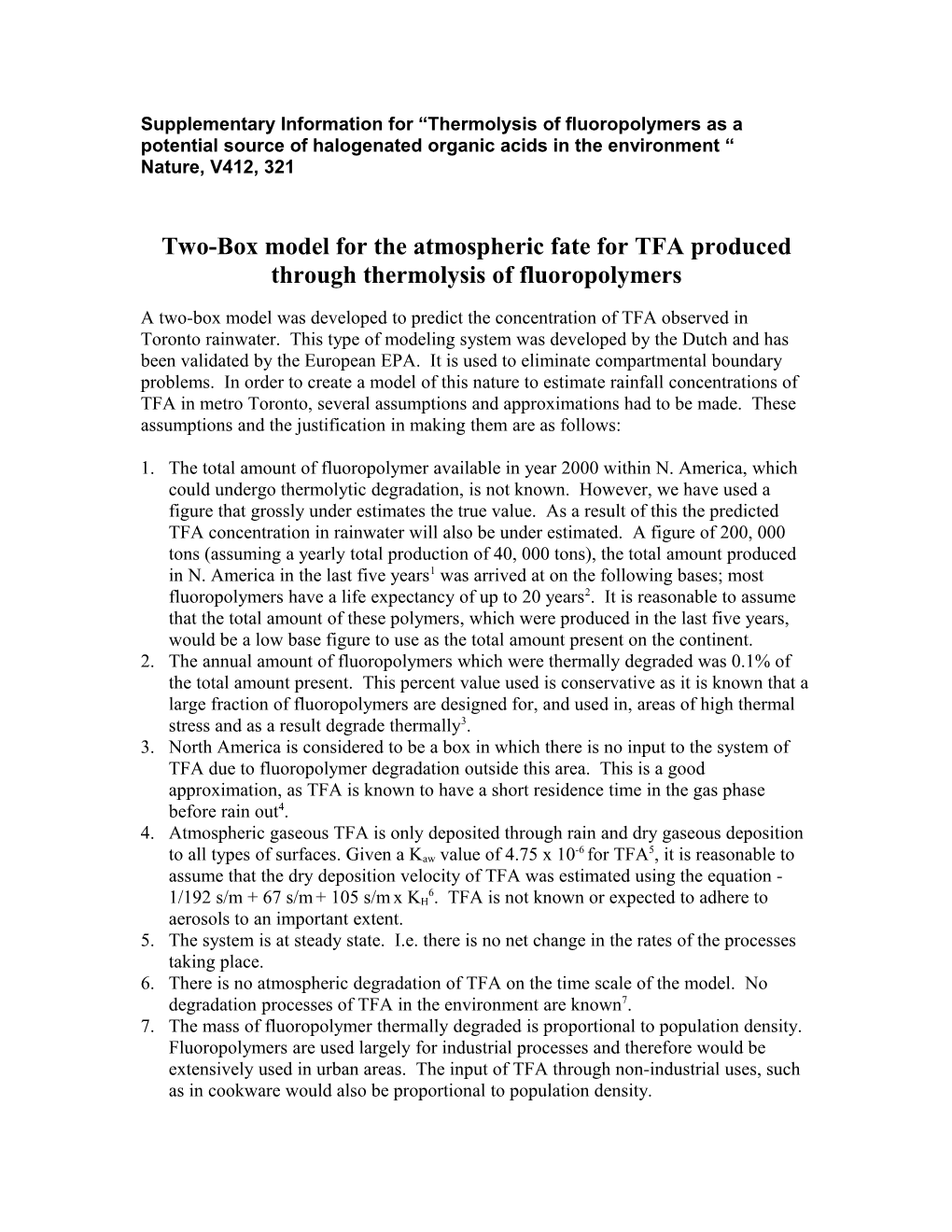 Two-Box Model for the Atmospheric Fate for TFA Produced Through Thermolysis of Fluoropolymers