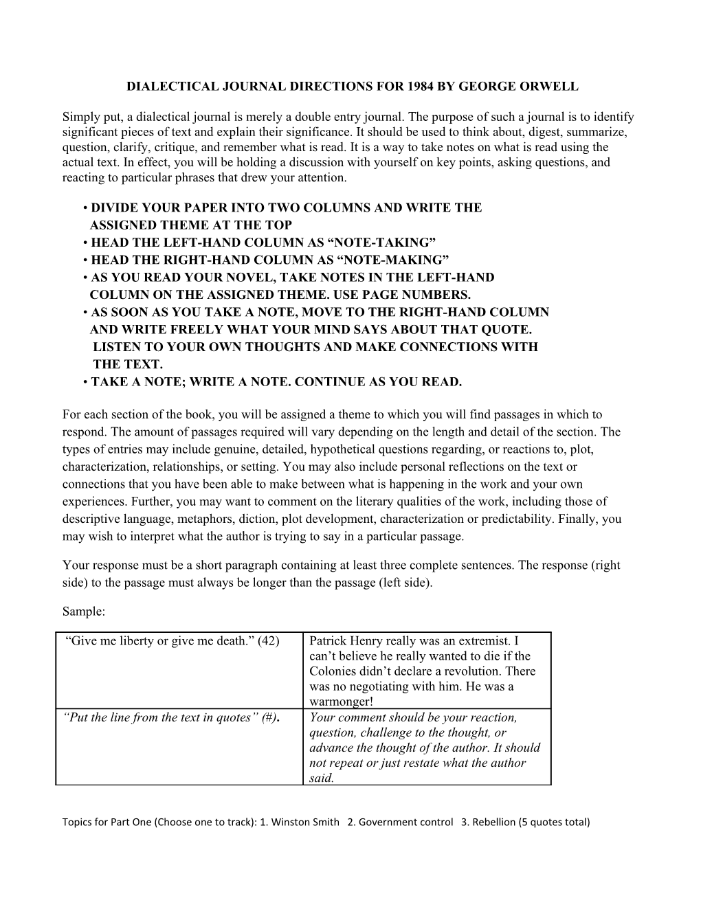 Dialectical Journal Directions for 1984 by George Orwell