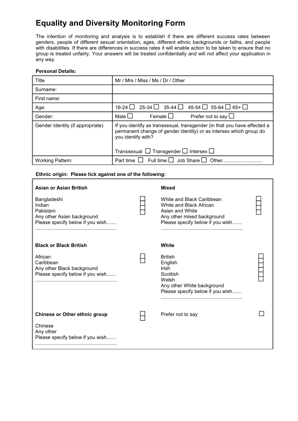 Equality and Diversity Monitoring Form