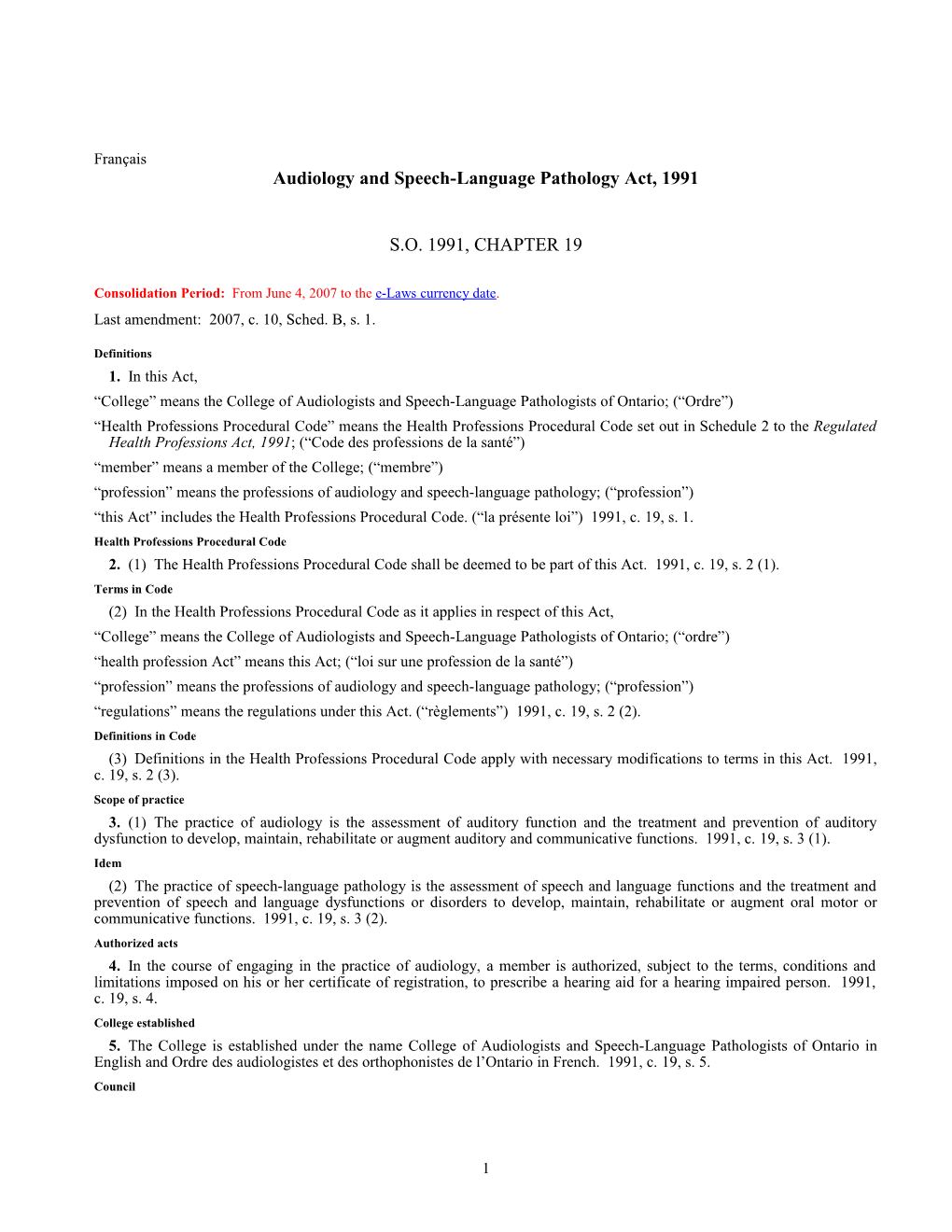 Audiology and Speech-Language Pathology Act, 1991, S.O. 1991, C. 19