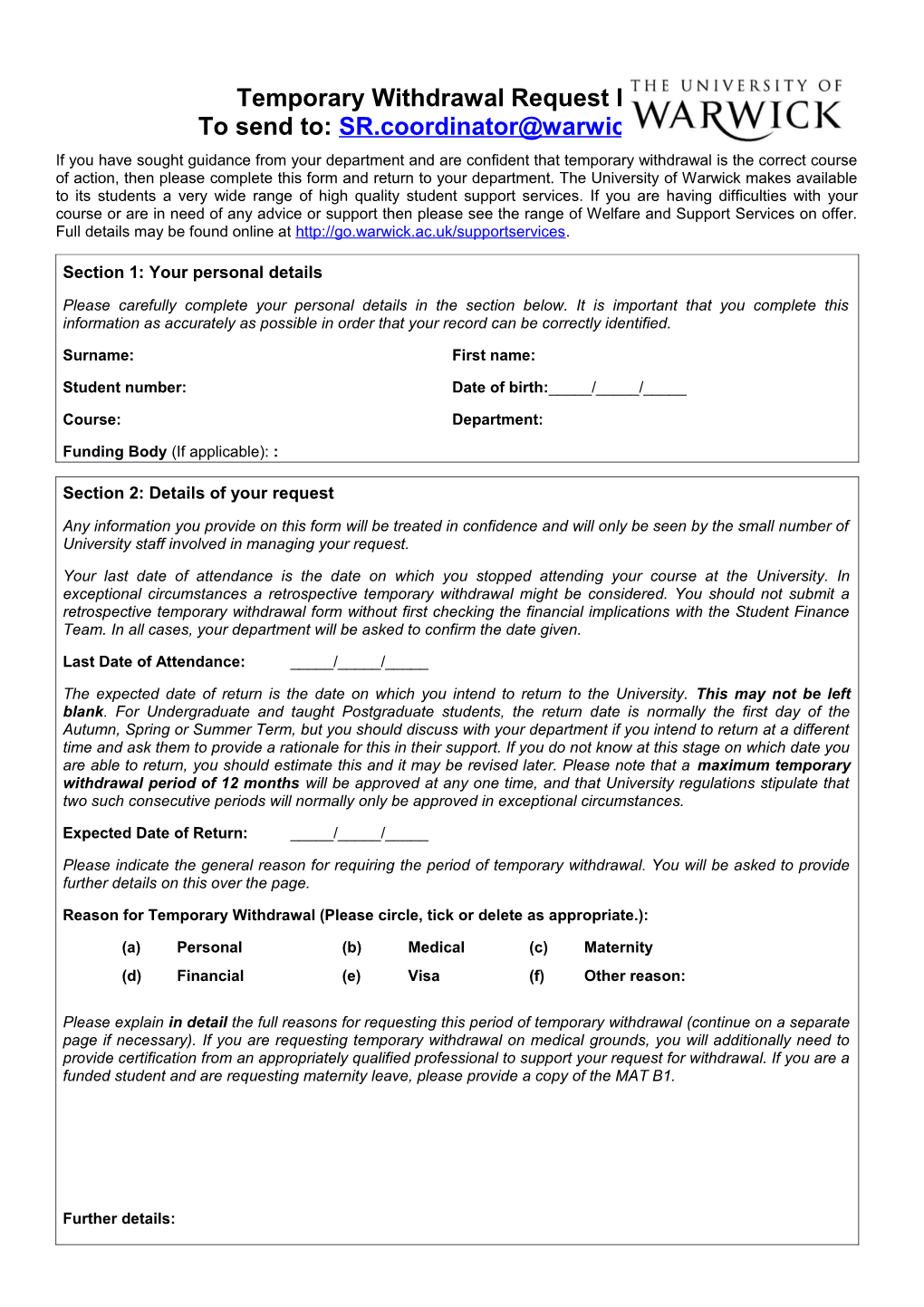 Temporary Withdrawal Request Form